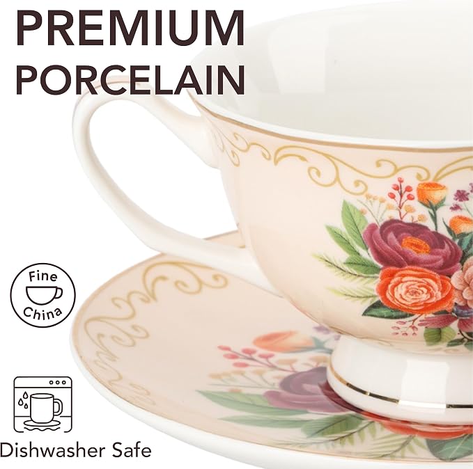 BTaT- Floral Tea Cups and Saucers, 8 oz, Fine Porcelain Teacup Set - Image 3