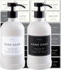 Hand and Dish Soap Dispenser for Kitchen and Bathroom, Set of 2 16 Oz Glass Bottles, Stainless Steel Pumps, Non-Slip Silicone Base, 27 Waterproof Labels (Matte White Bottle/Black Pump)