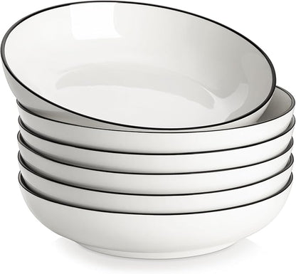 MALACASA 8.85" Large Pasta Bowls, 42 OZ White Salad Bowls Soup Bowls, Porcelain Serving Bowls Set of 6, Ivory White with Black Rim, Microwave & Dishwasher Safe, Series REGULAR