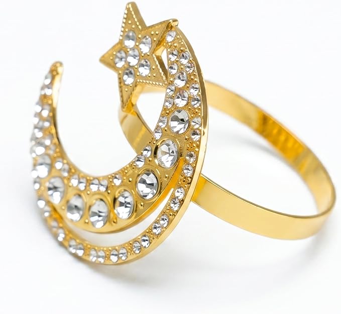 Gold Napkin Rings Set of 12 – Moon & Star Design – Elegant Napkin Ring Holders by HUVOTOSIUS