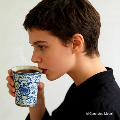 Blue and White Porcelain Coffee Cups, 9 oz Floral Tea Cups Set of 2 | No Handles - Image 5