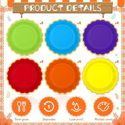 48 Pcs Rainbow Paper Plates 9 Inch Colorful Scalloped Paper Disposable Dinner Dessert Plates for Birthday Wedding Bridal Party Supplies, 6 Colors