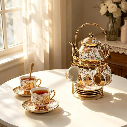 CHANJOON Gold Plated Red Rose Ceramic Tea Set, Vintage Tea Sets - Image 2