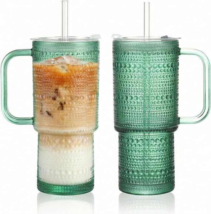20 oz Green Glass Tumbler with Lid and Straw, Glass Iced Coffee Cups, by Unknown