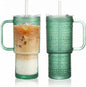 20 oz Green Glass Tumbler with Lid and Straw, Glass Iced Coffee Cups, by Unknown