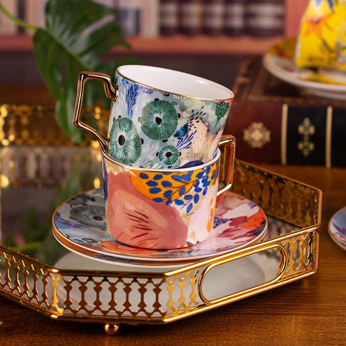 KAMMAK Tea Cups and Saucers Set of 2, Fine Bone China Coffee Cups, 569N | - Image 4