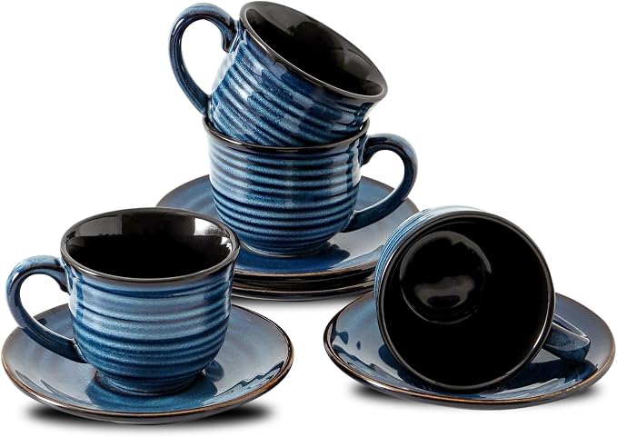 HASENSE Ceramic Cappuccino Cups and Saucers Set of 4, 8 oz Tea Coffee Cups Set by Hasense