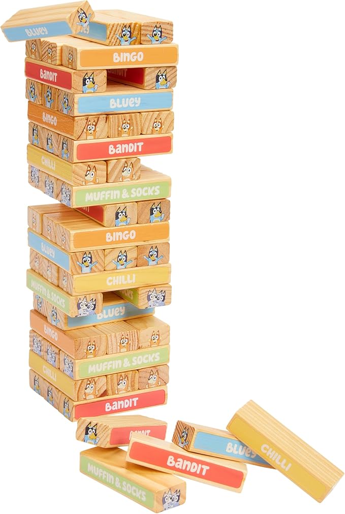 Bluey Tumbling Tower Game, 54 Illustrated Wooden Blocks, Ages 3+ - Image 4