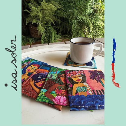 Square Coasters Set of 6, Drink Coaster Made in Chile with Colorful Design and Premium Materials, Beautiful Decor for Your Kitchen - Mujeres Naturales