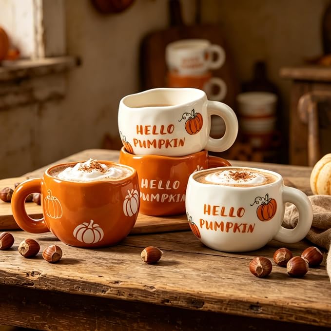 4pcs Ceramic Mugs Set, 9.4OZ Cute Coffee Cup Set, Hello Pumpkin Design - Image 6