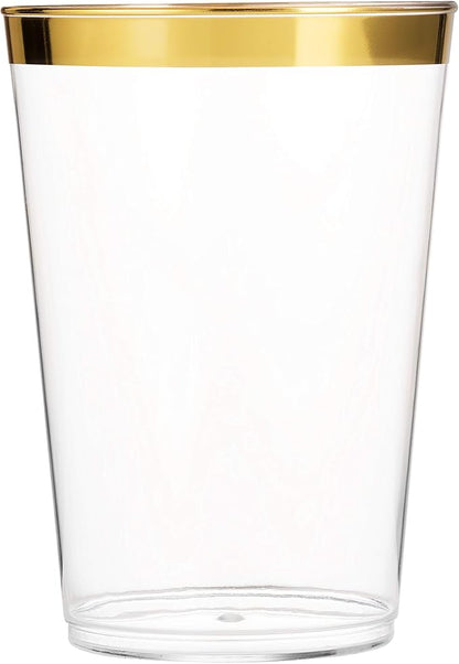 Munfix Gold Plastic Cups - 16 Oz Clear Tumblers with Gold Rim - Elegant Disposable Wedding & Party Cups