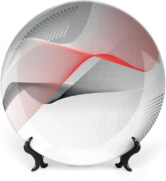 Decorative Plates, Abstract Print Ornament, Modern Geometric Squares Dots Curves Waves, 6 Inch, Kitchen Wall Decor, Red Grey Black