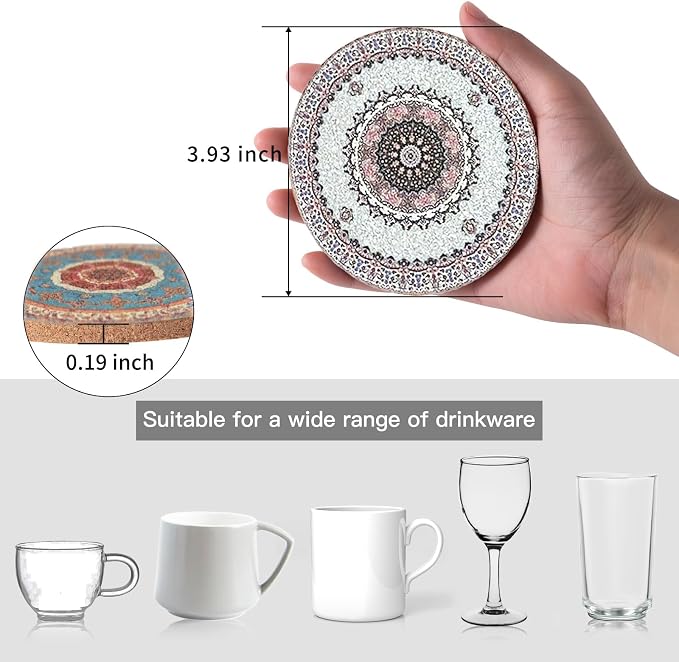 Cork Coasters for Drinks Absorbent Non Slip 12pcs 4 Inch Persian | Coaster for - Image 2