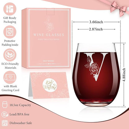 Valentines Day Gifts for Her, Gifts for Women Her Friend Mom Grandma Wife Sister Bridesmaid Nurse, Birthday Galentines Mothers Day Christmas, Personalized Initial Customized Wine Glasses 18OZ(V)