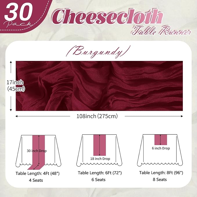 30 Pack Burgundy Cheesecloth Table Runner 17 x 108 inch Cheese Cloth Table - Image 2