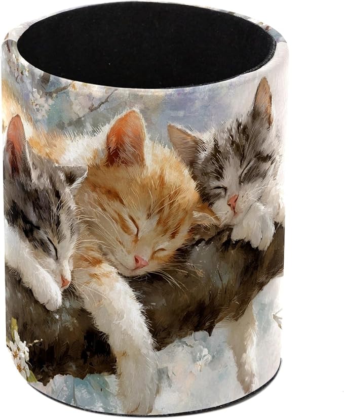 Leather Pen Holder for Desk, Sleeping Cat Pencil Cup Pen Organizer Makeup Brush by Unknown