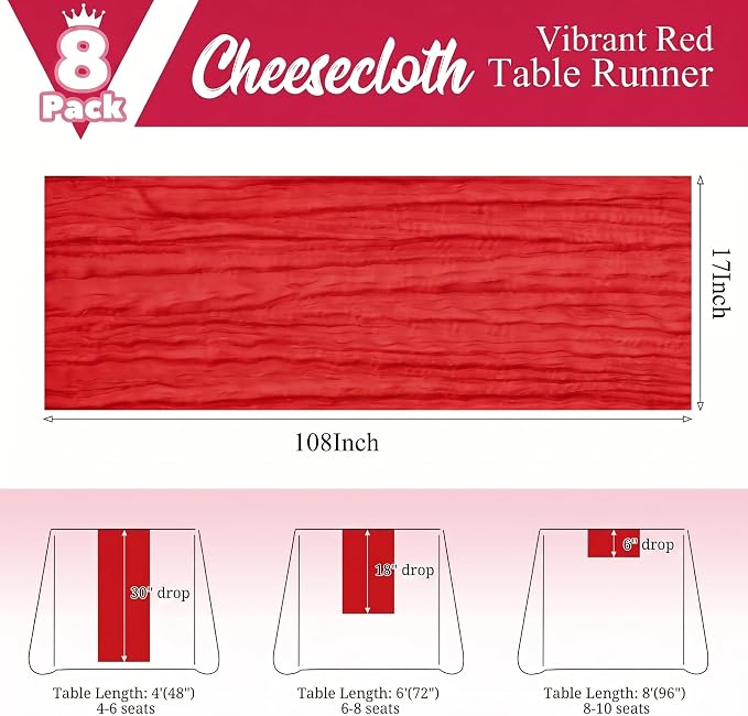 8 Pack Red Table Runner 17 x 108inch Cheesecloth Table Runner Boho Gauze Table - Image 3