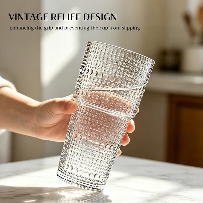 INSETLAN 20oz Hobnail Glass Cups Set of 4, Vintage Drinking Glasses, Iced - Image 2