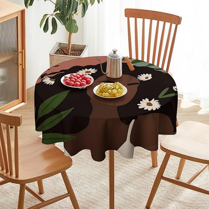 Bohemian Retro Mid Century Round Tablecloth, African Woman Girl Leaves Flower Tablecloth for Home Party Dining Room Kitchen Decor 50Inch(127cm)