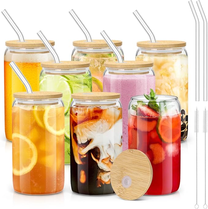 sungwoo 8PCS Glass Cups with Bamboo Lids and Straws, 16OZ Ice Coffee Cup by sungwoo