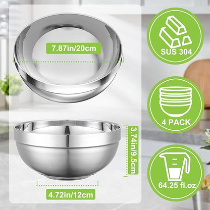 Stainless Steel Bowls, 4 Pack 7.8in 64.2oz 1900ml Large SUS304 Double Wall Insulated Stackable Metal Hot Soup Bowl Containers for Dishes Serving Cereal Snacks Ice Cream Food Rice Salad