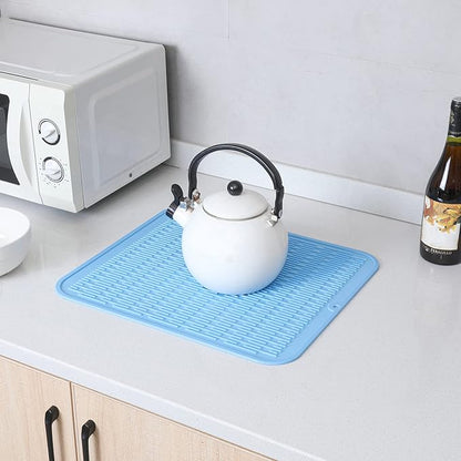 Silicone Dish Drying Mat for Multiple Usage,Easy clean,Eco-friendly,Heat-resistant Silicone Mat for Kitchen Counter or Sink,Refrigerator or Drawer Liner Light Blue 2XL 24 inches x 18 inches