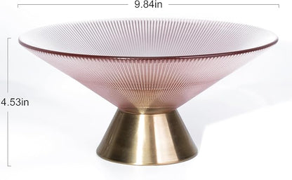 Tapered Glass Decorative Bowl (Pink), 9.8 Inches Handblown Striped Design Fruit Bowl with Rust-Resistant Metal Base for Home Decor, Table Centerpiece, Kitchen Island and Dining Decor