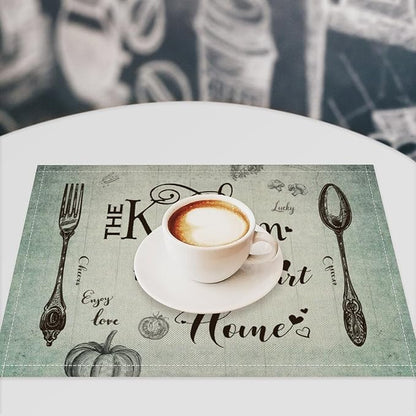 Retro Farmhouse Placemat Set, Minimal Green Gradient Rustic Plank Art Sketch Cutlery Knife Fork Inspirational Quotes Pattern Home Decor Linen Table Mats for Dining Room Kitchen Party (17x12in) x6P