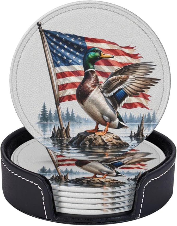 Patriotic Americana Hunting Mallard Duck Leather Coasters Set of 6 by NeuKim