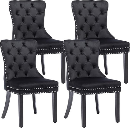 KCC Velvet Dining Chairs Set of 4, Upholstered High-end Tufted Dining Room Chair with Nailhead Back Ring Pull Trim Solid Wood Legs, Nikki Collection Modern Style for Kitchen, Black