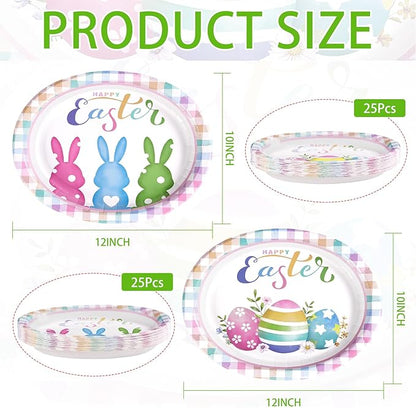 50 Pcs Easter Oval Paper Plates 10" x 12" Large Easter Bunny Egg Plates Heavy Duty Disposable Rabbit Dinner Plate Colorful Plaid Platters for Spring Holiday Baby Shower Birthday Party Supplies Decor