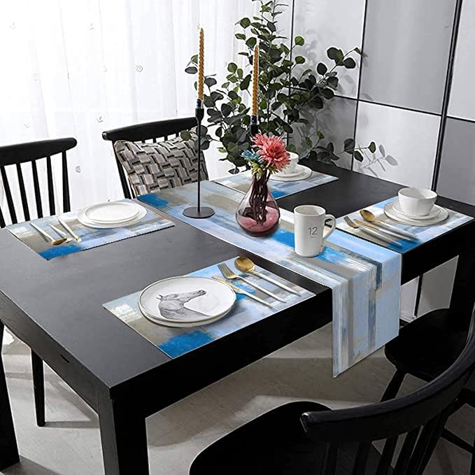 Light Blue Grey Table Runner & Placemats Set, Linen 108" Long | Abstract - Image 6