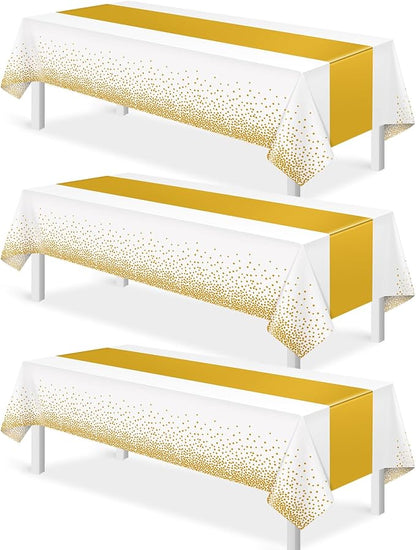3Pcs White and Gold Tablecloth Party Decorations, Plastic White Table Cloth by MASHAN
