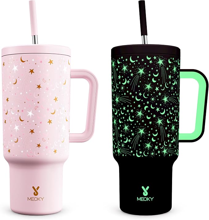 Meoky 40 oz Tumbler with Handle and Straw: Glow in the Dark Tumbler with Lid by MEOKY