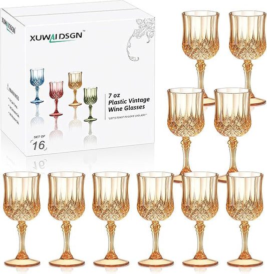 XUWAIDSGN 16 Pcs 7oz Plastic Vintage Wine Glasses Drinking Glasses Unbreakable Wedding Glassware Crystal Water Goblets Reusable Drinkware Vintage Champagne Flutes (16, Amber)