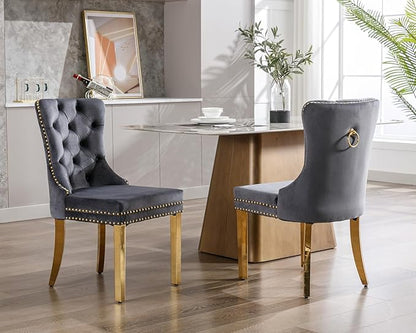 KCC Velvet Dining Chairs Set of 6, Upholstered High-end Tufted Dining Chair with Nailhead Back Ring Pull Trim Stainless Steel Legs, Contemporary Nikki Collection Modern Style for Kitchen, Dark Gray