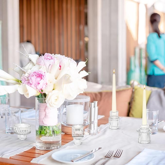 Taper Votive Candle Holder for Pillar Candles Tealight, Candlestick Holder for Wedding Christmas Tea Party, Boho Ribbed Vintage Crystal Glass Table Centerpiece Decor, Bulk Set of 6 (Clear)