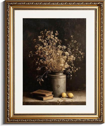 InSimSea Gold Picture Framed Wall Art, Living Room Vintage Dried Flowers Vase Wall Decor, Dark Moody Still Life Canvas Print Art, Home Farmhouse Decor, Antique Paintings with Frame 13x16inch