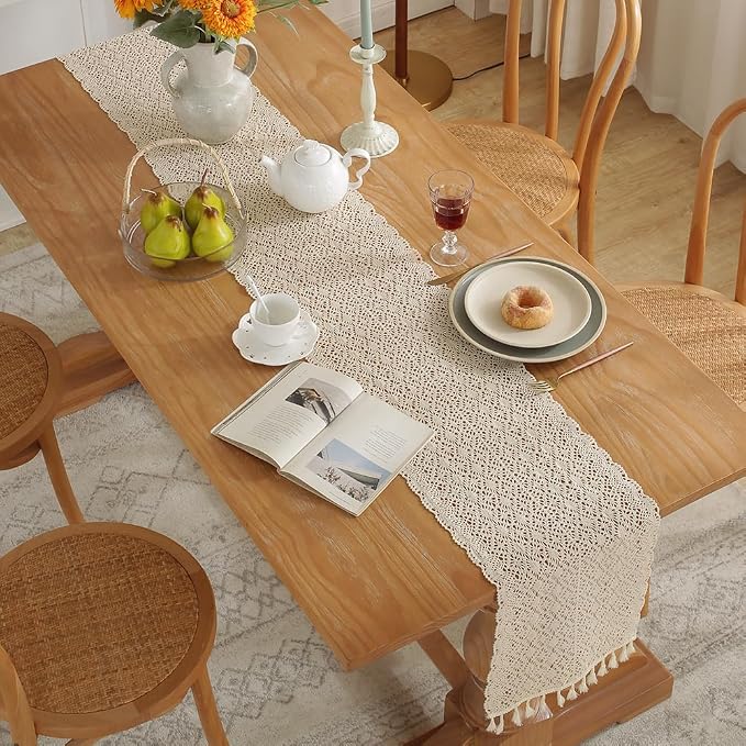 meioro Crochet Lace Table Runner, 12x78 Inch Boho Cotton Table Runners - Image 2