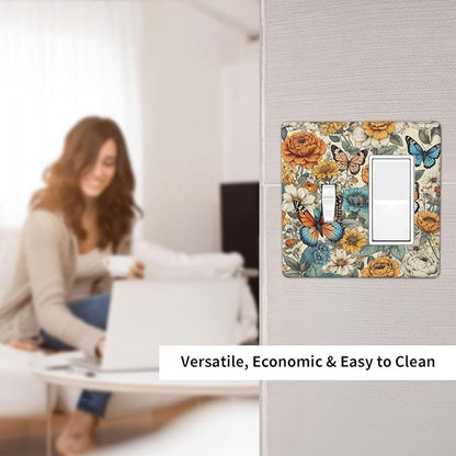 Light Switch Cover Vintage Colorful Floral Butterfly Flowers 2 Gang Toggle Rocker Combo Socket Cover Wall Plates Decorative Switch Plates and Outlet Covers for Bathroom Bedroom Decor