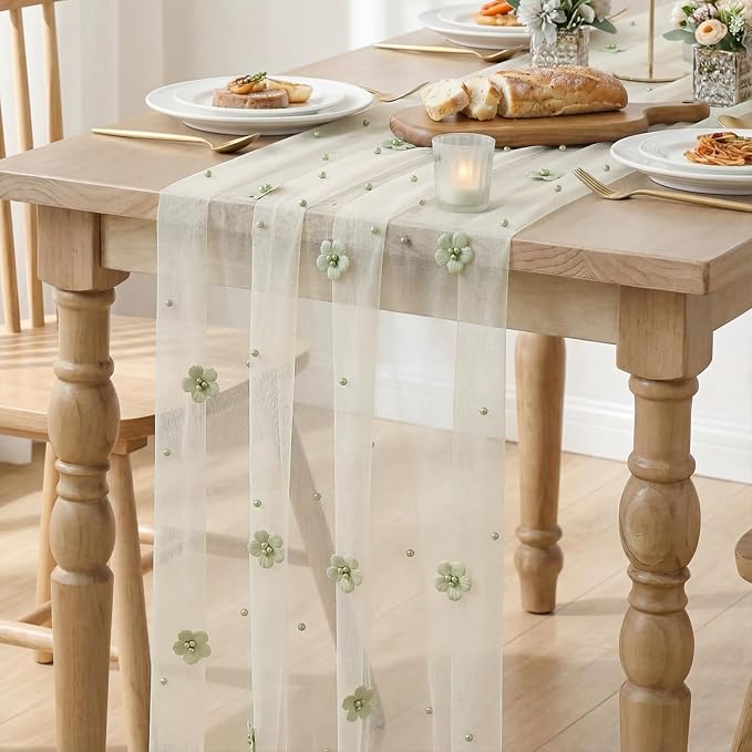 Artoid Mode Sage Green Flower Pearl White Gauze Table Runner 10FT, Seasonal - Image 6