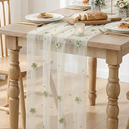 Artoid Mode Sage Green Flower Pearl White Gauze Table Runner 10FT, Seasonal - Image 6