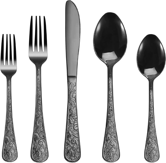 Runfly Vintage Carved Black Stainless Steel 20-Piece Flatware Set | Silverware by Runfly
