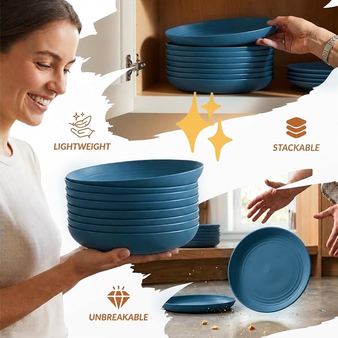 Unbreakable 8 Pcs Deep Dinner Plates Reusable Plastic Wheat Straw Plates Set - Image 5