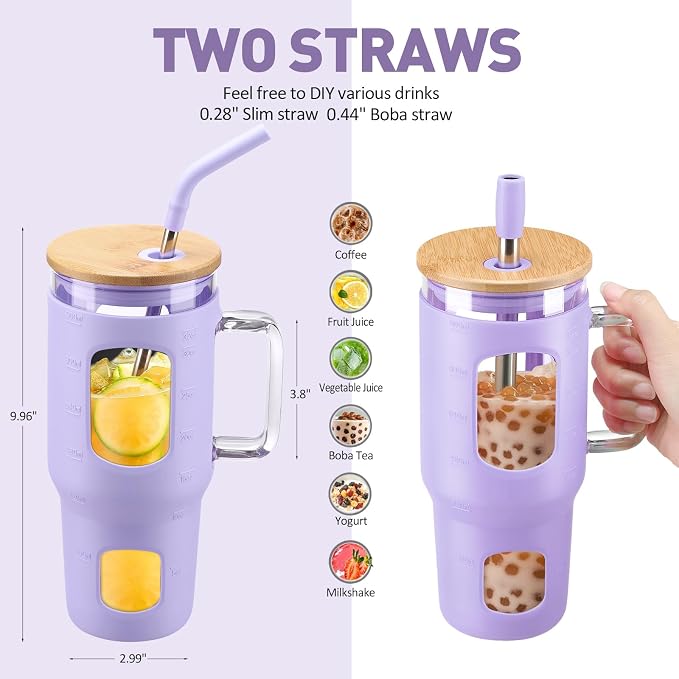 WINSA 32 oz Glass Tumbler with Straw and Lid, Glass Water Bottles with Time - Image 4