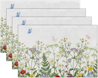 Spring Wildflowers Placemats Set of 4, Washable Elegant Placemats, Non-Slip Table Rectangle Linen Place Mats for Kitchen Dining Party Home Indoor Table Decor, Forest Style Home Decoration