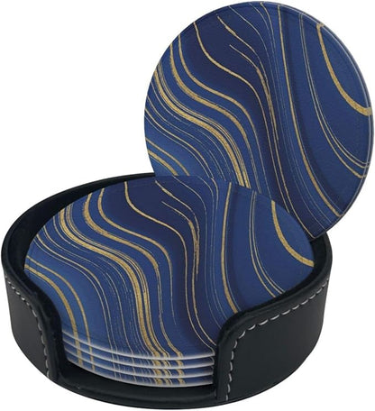 6 Pcs Abstract Geometric Navy Blue Marble Gold Stripes Leather Coasters - Image 3