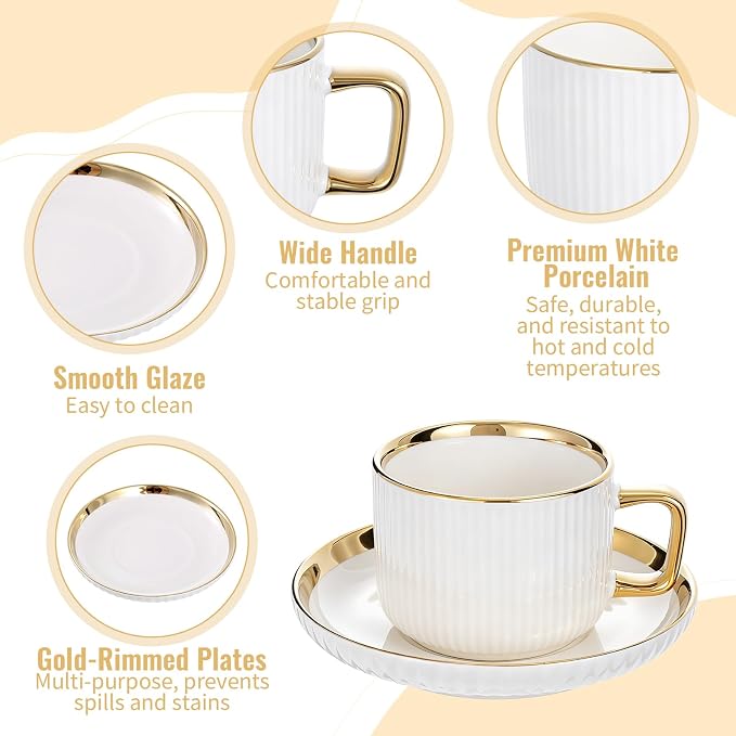 8.5oz Cappuccino Cups with Saucers Set of 6, Ceramic Coffee Cup and Saucer with - Image 3