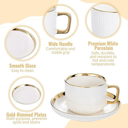 8.5oz Cappuccino Cups with Saucers Set of 6, Ceramic Coffee Cup and Saucer with - Image 3