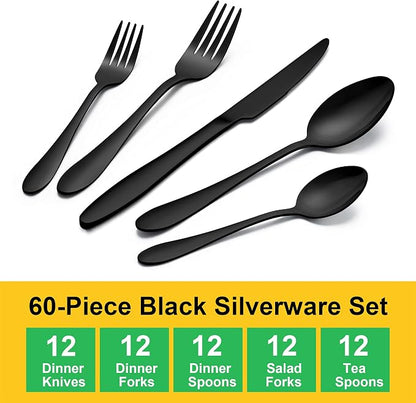 LIANYU 60-Piece Black Silverware Set, Flatware Cutlery Set - Image 2